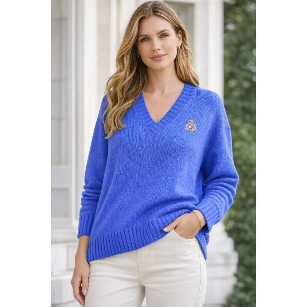 Lauren Ralph Lauren Sweater Women’s M Blue 100% Cotton Ribbed Knit Y2K Classic